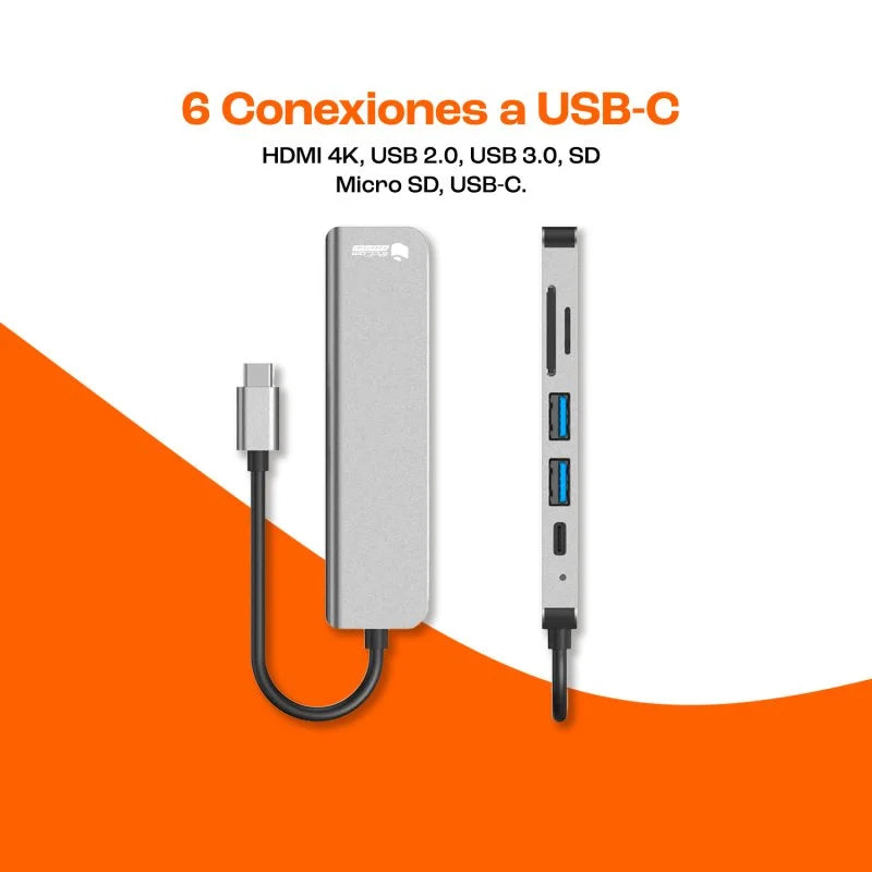 Adaptador HUB USB-C 6 en 1 – HDMI 4K + USB + SD
