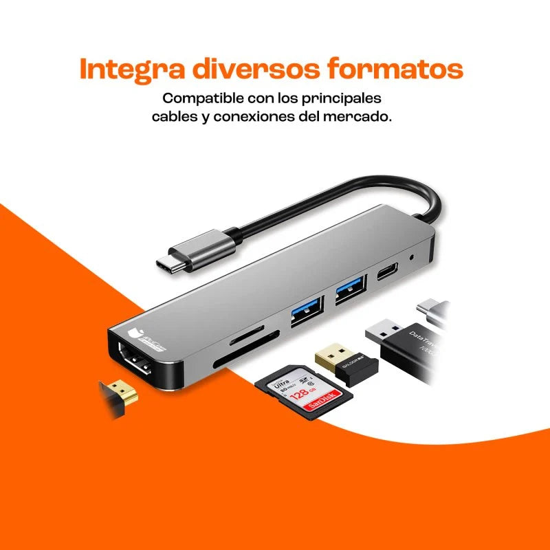 Adaptador HUB USB-C 6 en 1 – HDMI 4K + USB + SD