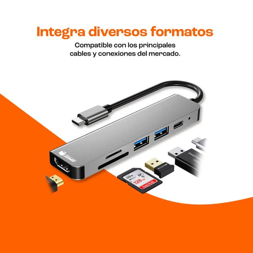 Adaptador HUB USB-C 6 en 1 – HDMI 4K + USB + SD